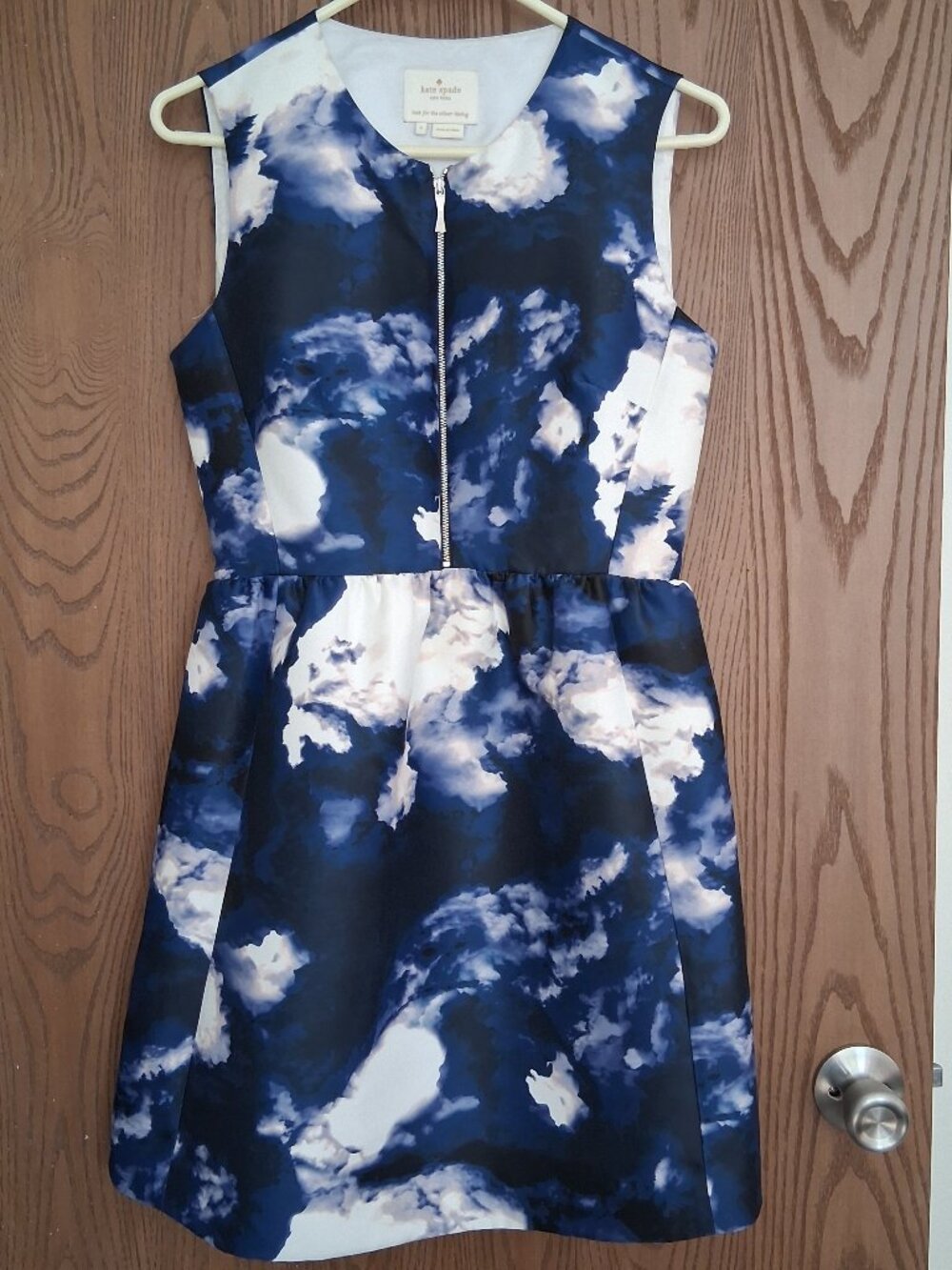 Kate Spade Blue White Clouds Sleeveless Zip Front Joss Dress Size 6 Fit & Flare